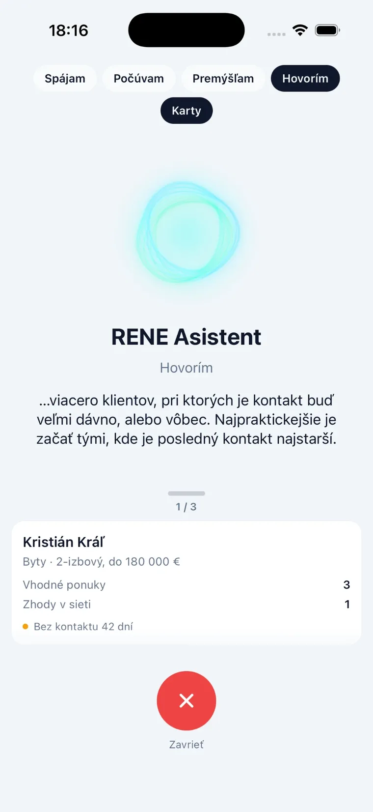 Voice mode of the RENE AI assistant with a client card