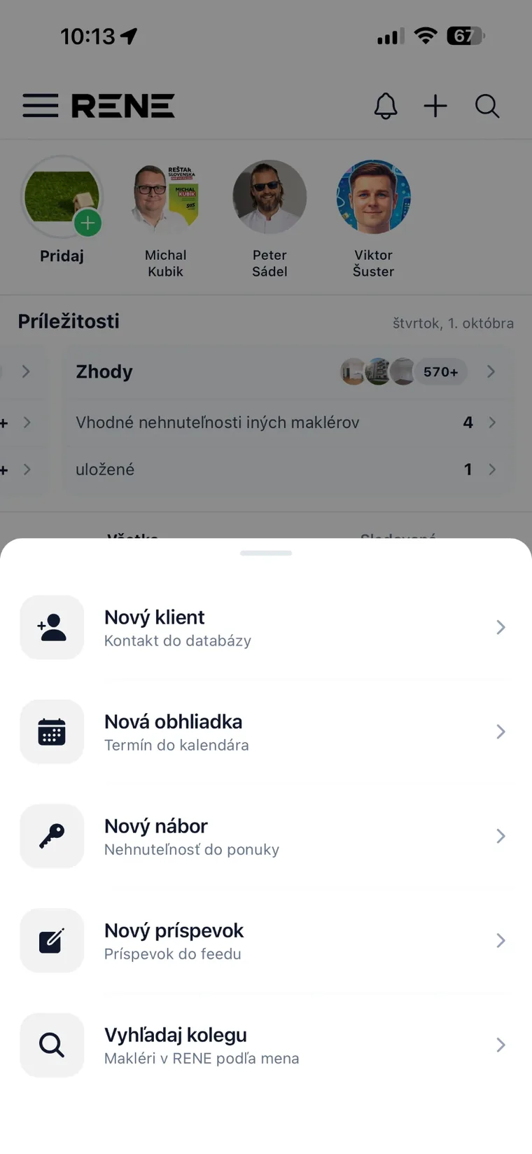 The RENE home screen with daily opportunities and quick actions