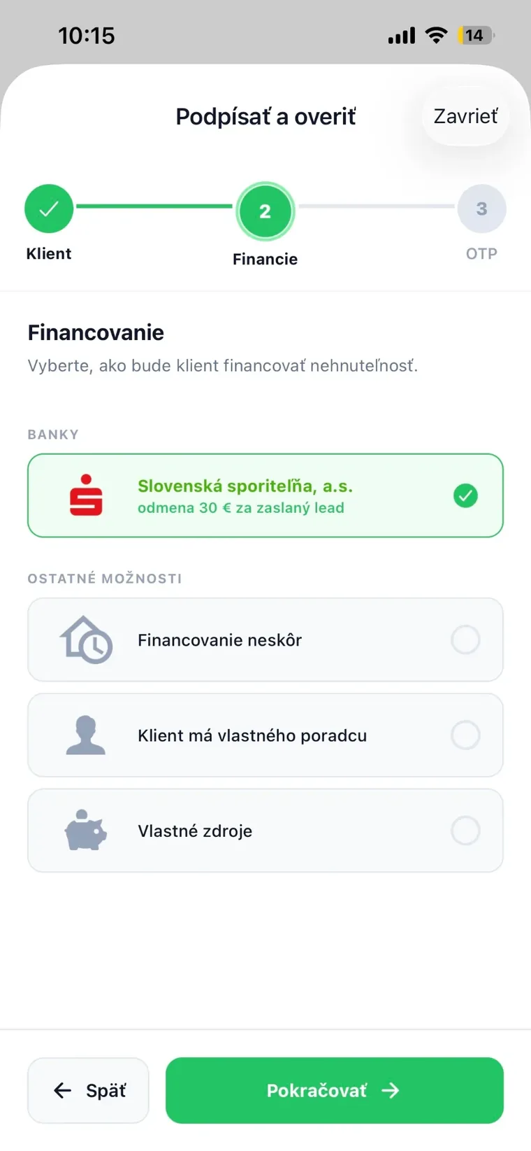 Choosing financing inside the signing flow in RENE — a bank, the client’s own adviser or their own funds
