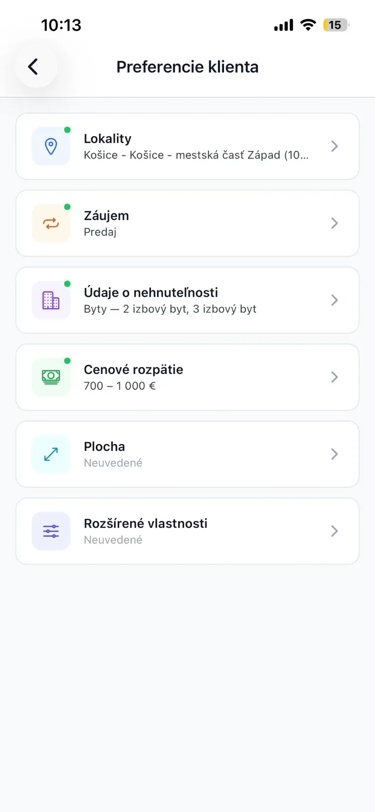 The Client preferences screen in RENE — locations, intent, property type and price range
